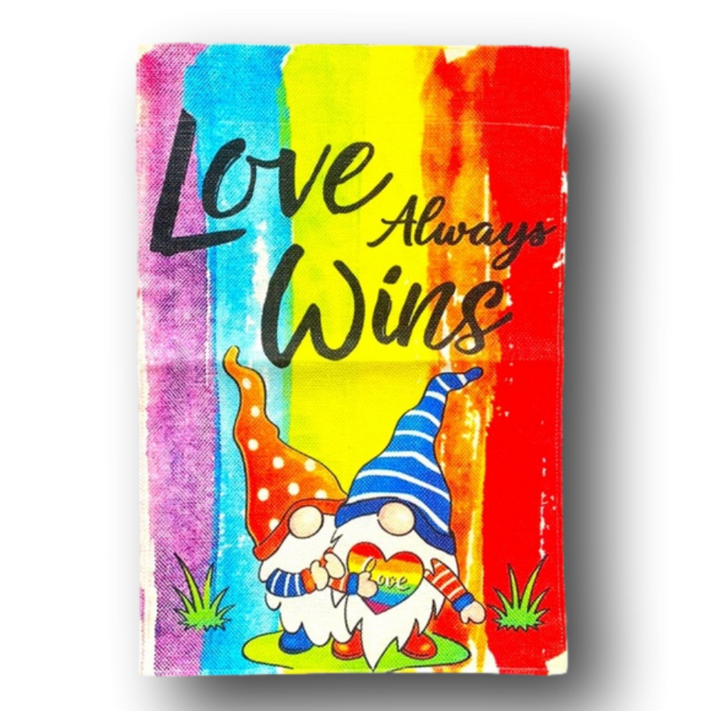 “Love Always Wins” Rainbow Gnomes Gay Pride LGBTQIA Garden Flag - Brand New